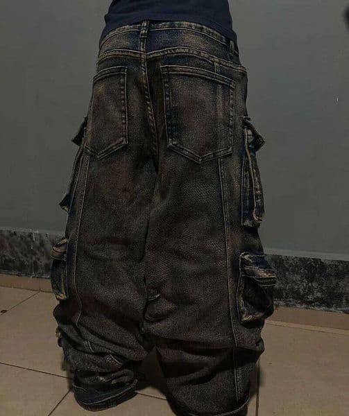 Y2K New Fashion Washed Multi-pocket Old Baggy Tooling Jeans Men Vintage Hip-hop Straight Casual Punk High Waist Wide Leg Pants