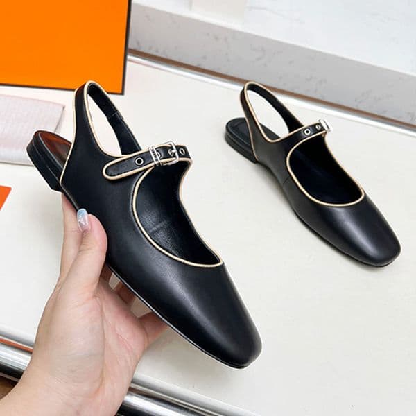 Elegant designer goatskin Nappa leather slingback sandals delicate feminine look Comfortable flat ballet shoes Black leather edge lady casual shoes