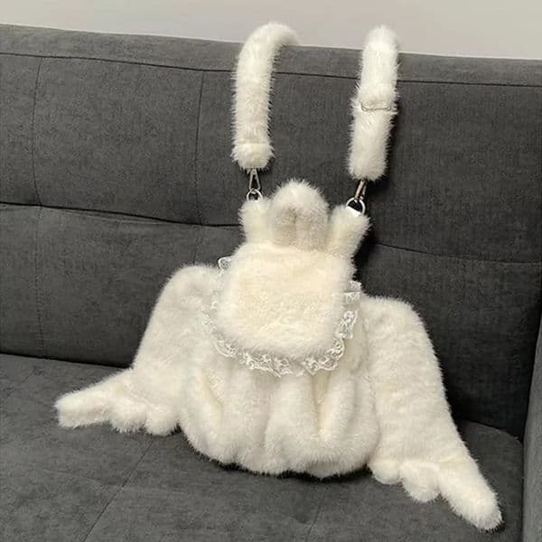 White Faux Fur Angel Wings Backpack Lace Decor Cute Shoulder Bag Plush Kawaii Backpack Women Soft Stylish Winter Casual Backpack 251225