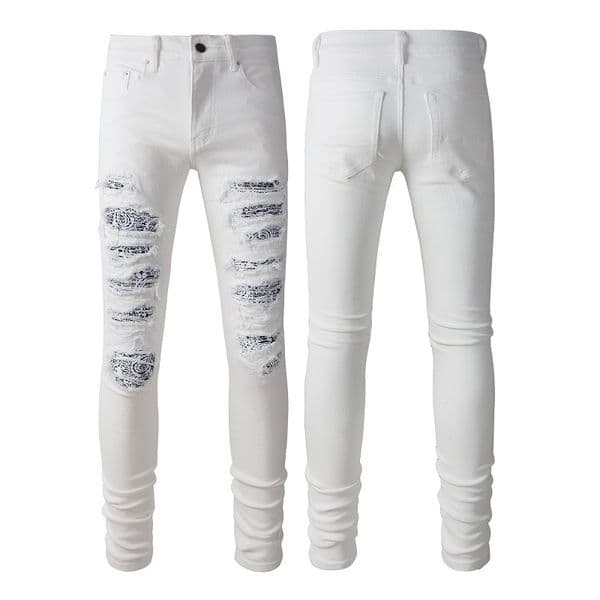 WOZK Versatile Trendy Brand Fashionable and Casual High Street White Jeans for Men, Slim Fit, Elastic Punch White Pants designer