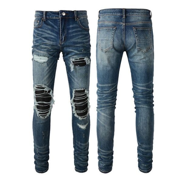 WOZK Retro Jeans Men's Trendy PU Leather Piercing Patch Slimming Men's Pants Fashion Pants designer