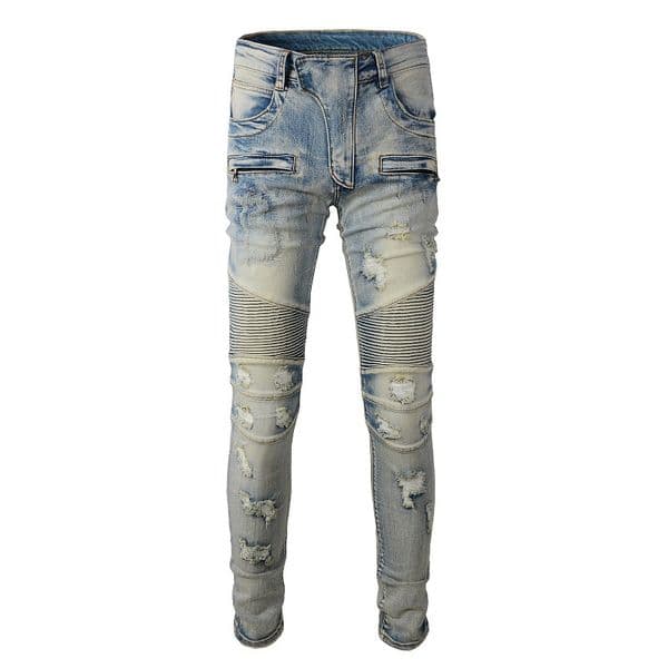 WOZK handmade worn-out motorcycle style distressed slim fit elastic high street trendy cycling motorcycle jeans for men