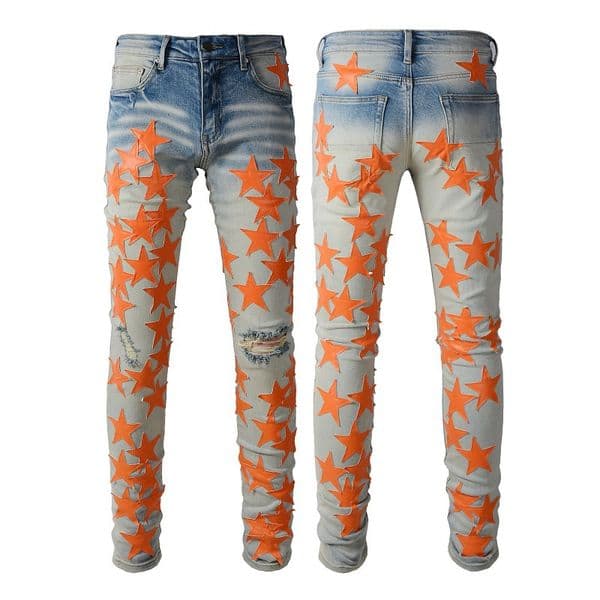 WOZK fashionable casual slim fit handsome jeans men's PU five pointed star patch splicing trend high street broken hole star