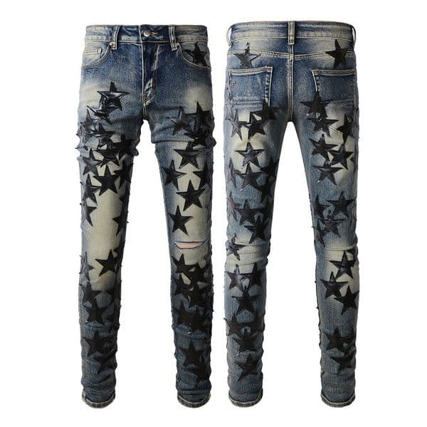 WOZK fashionable casual slim fit handsome jeans men's PU five pointed star patch splicing trend high street broken hole star designer