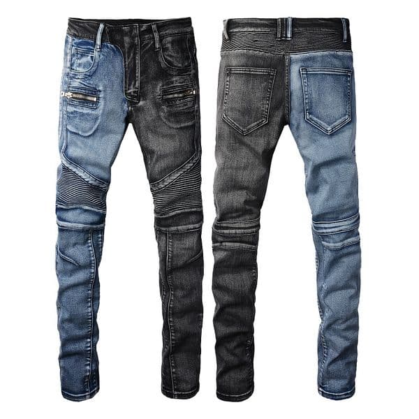 WOZK handmade worn-out motorcycle style distressed slim fit elastic high street trendy cycling motorcycle jeans for men designer work