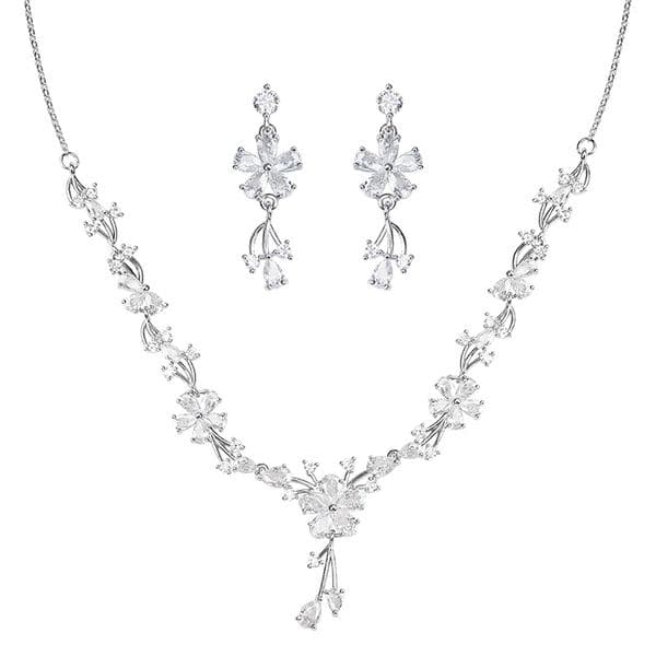 TaiYang 2025 New Luxury Floral Zirconia Bridal Set, Silver Plated Copper Necklace & Earrings, Wedding Engagement Jewelry Gift