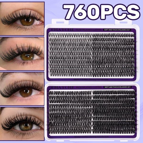 DIY Individual Lashes 760 Clusters DIY Lashes Kit with Lash Adhesive Thick Fluffy Grafted Lashes Naturally D Curled Cluster Segmented Eyelashes for Women