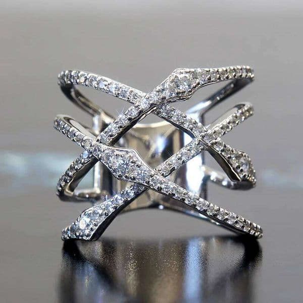 Huitan Luxury Double Cross Finger for Women Silver Color Sparkling Cubic Zirconia Female Rings Party New Statement Jewelry