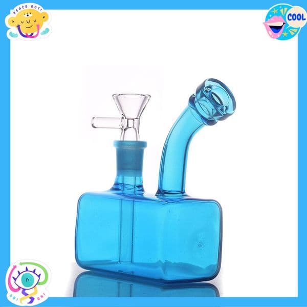 wholesale Blue square shape 14mm female colorful water hookah glass oil burner bongs pipe with smoking oil bowl and silicone hose straw