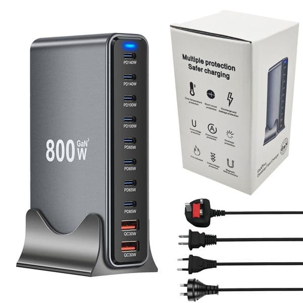 800W GaN USB C Fast Charger 10 Port Fast Charging Station Hub Block PD 140W Charger Adapter Multiple Devices For Laptop MacBook ipad iPhone 17 16 Samsung S25 S24 S23