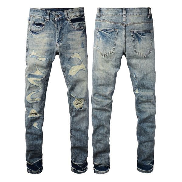 WOZK wholesale high street men's ripped jeans men's slim fit men's pants retro men's elastic youth pants designer