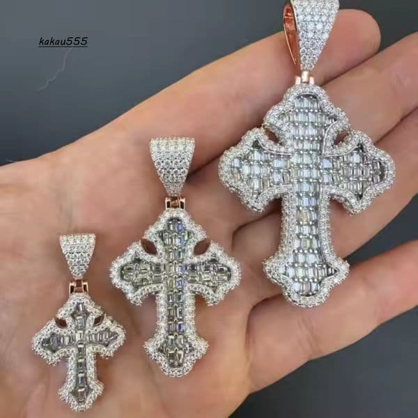 Unisex 925 Silver Fine Pendant Custom Cross Baguette Design Diamond Moissanite Hip Hop Street Fashion Personalized Artist Iced
