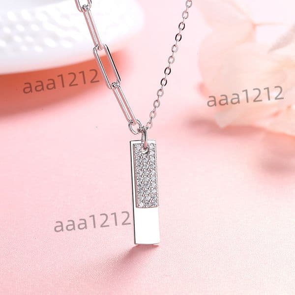 Full Diamond Square Pendant Necklace Clavicle Chain 925 Sterling Silver Niche Jewelry for Women Simple Accessories Chinese Style