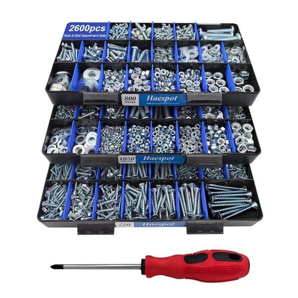 2600 Piece Bolt and Nut Hardware Assortment Kit with Diverse Bolts, Nuts, Washers, and Screws