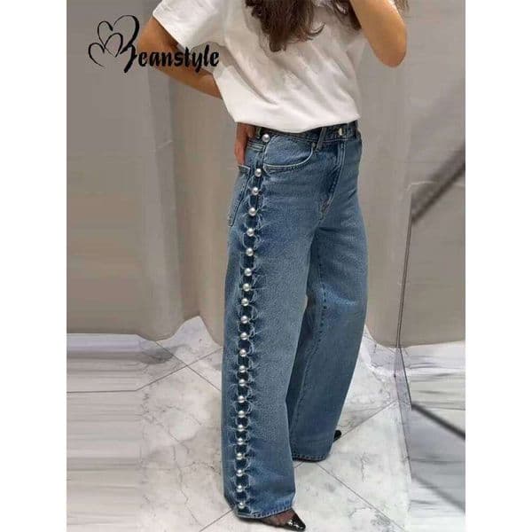 hoodie Wear Bead Women's Denim Jean Loose High Waisted Pockets Zipper All-Match Straight Leg Trouser Female Y2k Street Lady Outwear jacket