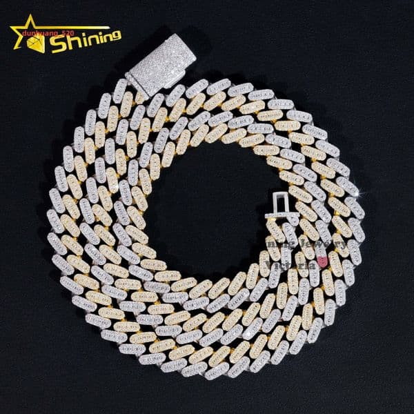 Trendy Pass Diamond Tester Charm Necklace 10MM Three Rows Two Tone Gold Plated 925 Silver Moissanite Diamond Cuban Link Chain