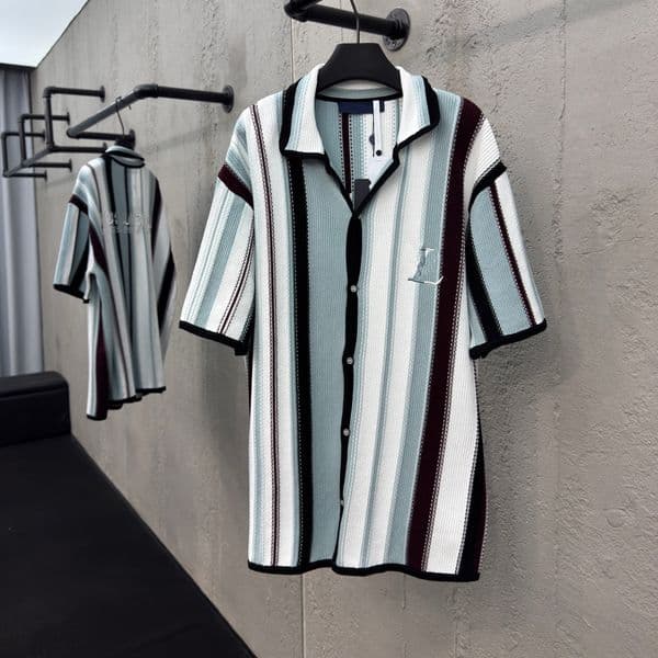High quality clothing men's clothing men's designer shirt plus size men's casual shirt splicing striped embroidery knitted short sleeved jacket casual set