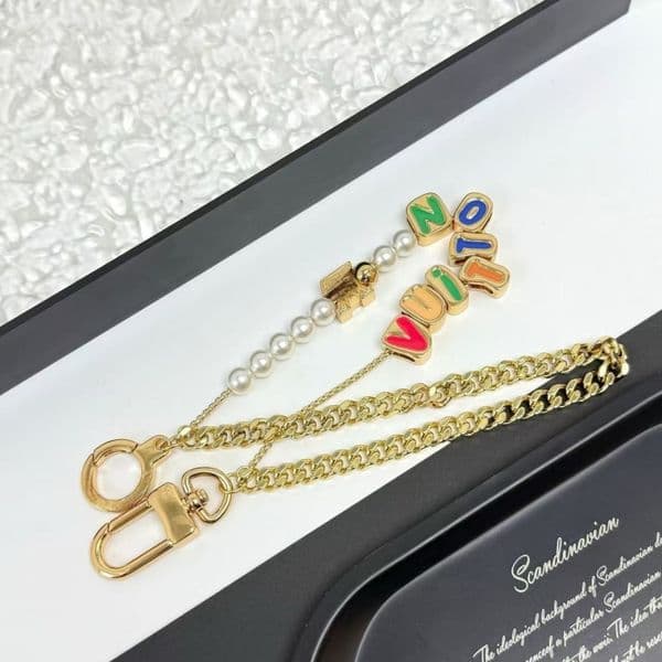 Designer Keychains - Fashionable Pearl Letter Long Chain Keychain with Bag Charm Pendant