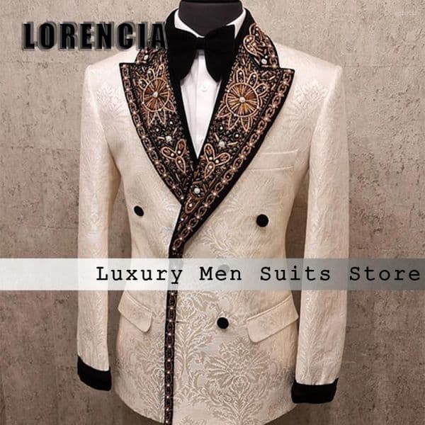 Mens Suits Elegant Jacquard Men 2 Pieces Double Breasted Beading Wedding Groom Tuxedos Customized Blazer Pants Costume Homme Luxe