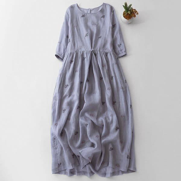 130 original design cotton and linen blend loose large size elegant swing literary embroidery cotton and linen dress picture color