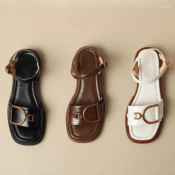 Fashion Open Toed For In Square Toe Brown Versatile Anti Slip Low Heel Shoes Retro One-piece Strap Women Outdoor Summer Sandals 35-40