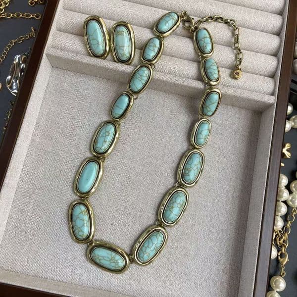 new vintage turquoise stone necklace earrings twopiece set fashion woman jewelry set dress banquet accessories highquality