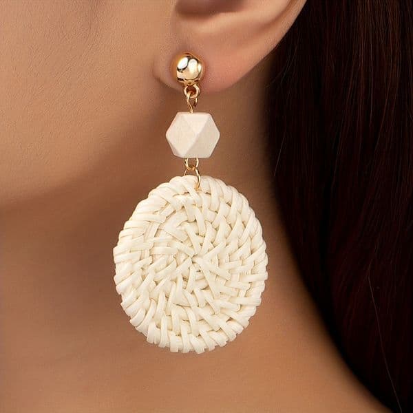 Korean Exaggerated Round Long Vacation Wooden Spliced Bamboo Rattan Straw Woven Earrings Ear Accessories