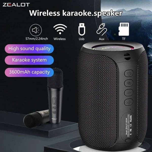zealot s62m 15w speakers with two wireless microphones dual pairing 3600mah battery 12 hours playtime loud stereo