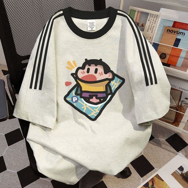 100% Cotton American Retro Cartoon Print Short Sleeve T-shirt For Men Loose Crayon Shin-chan Designer Short Sleeves Half Sleeve White Gray Heavyweight Top