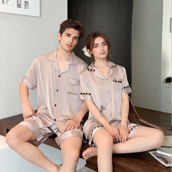 Summer Ice Silk Nightgown for Women Acetate Silk Short-Sleeve Cardigan Set Couple's Homewear