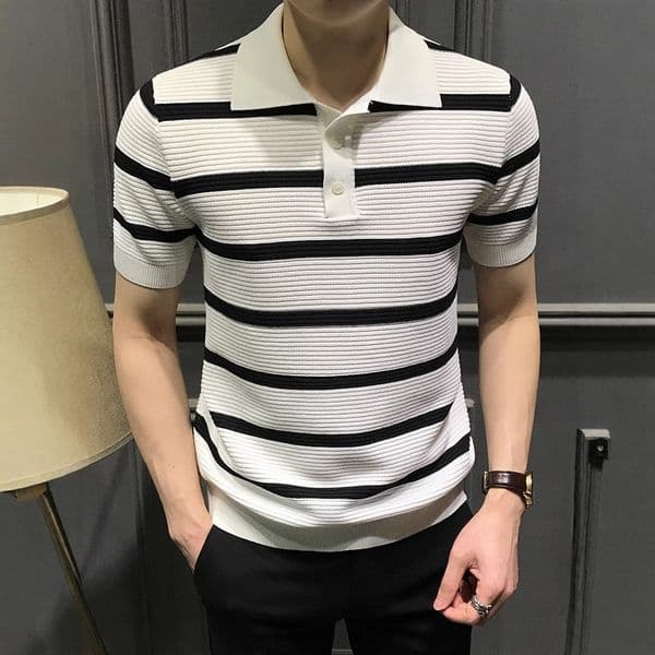 Summer Premium Striped Short Sleeve Polo Shirt Men Fashion Versatile Slim Designer Short Sleeves Fit Turn-down Collar T-shirt Trendy Business Cool Tee