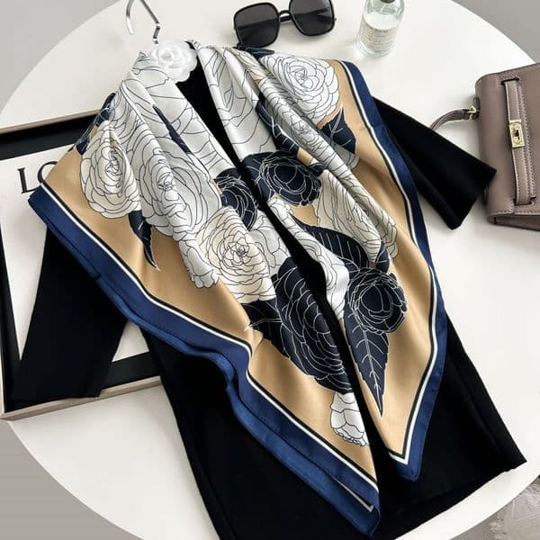 A 90x90 cm square silk scarf, suitable for both men and women, with multiple uses and rich patterns, perfect for daily wear.