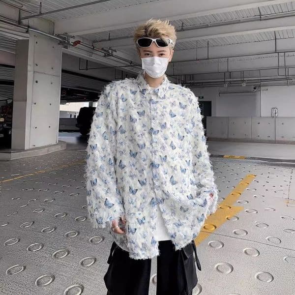 Fringe Tassel Butterfly Shirt Design Sense High-end Men's Cleanfit American High Street Hollow Out Designer Short Sleeves Sunscreen Shirt Trendy