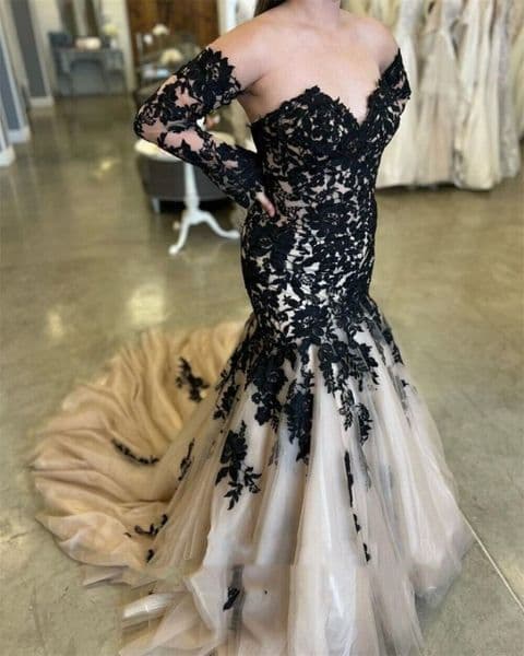 Vintage Black Lace Mermaid Wedding Dresses With Removable Long Sleeves Sweetheart Strapless Long Champagne Tulle Bridal Gowns Gothic Vestidos De Novia