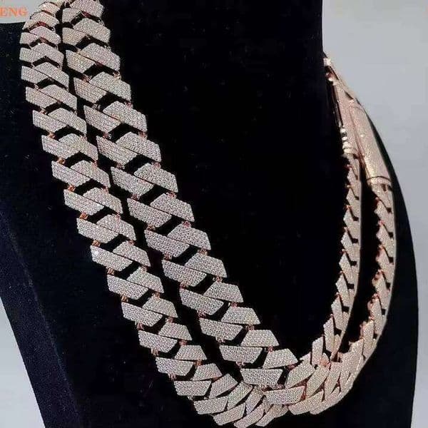 Hip Hop Miami 20mm Link Sterling Sier VVS Moissanite Dia Rose Gold Plated Cuban Chain Necklace