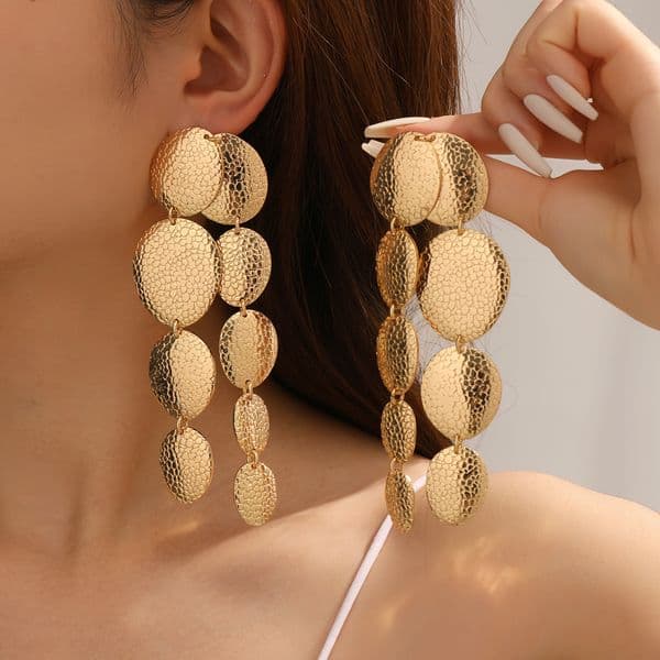 Exaggerated Texture Oval Fashion Metal Long Tassel Earrings for Women