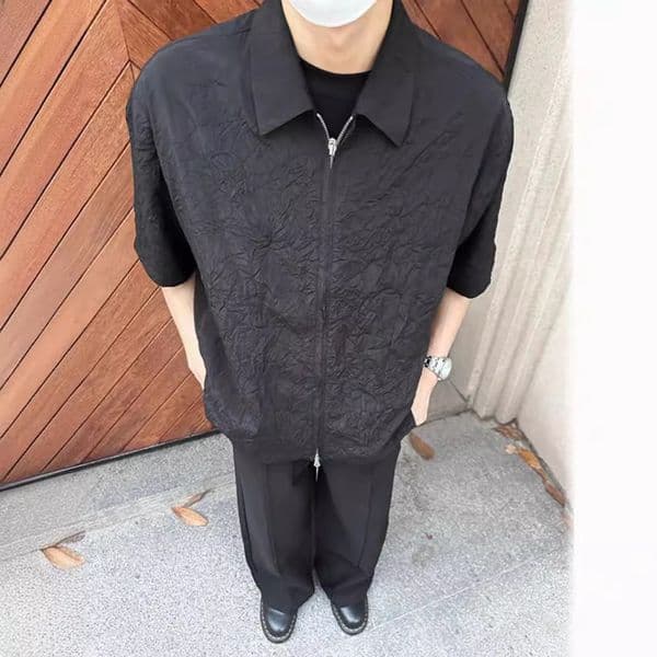 European And American Hip Hop Jacket For Men, Designer Short Sleeves Trendy High-end Texture Lapel Shirt, Short Sleeve, Cool Street Style Cardigan, Five-quarter