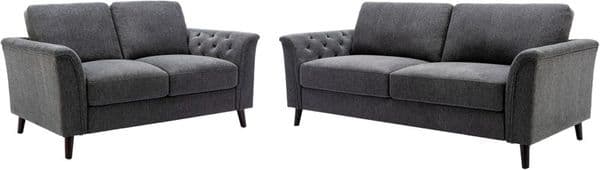 Benjara Sen 2 Piece Sofa and Loveseat Set, Tufted Arms, Linen, Solid Wood, Gray and Brown