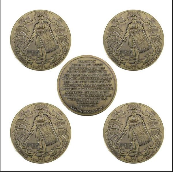 Armor of God Challenge Coin with High Relief Soldier Pattern and Ephesians Prayer Bronze Plated Commemorative Coin