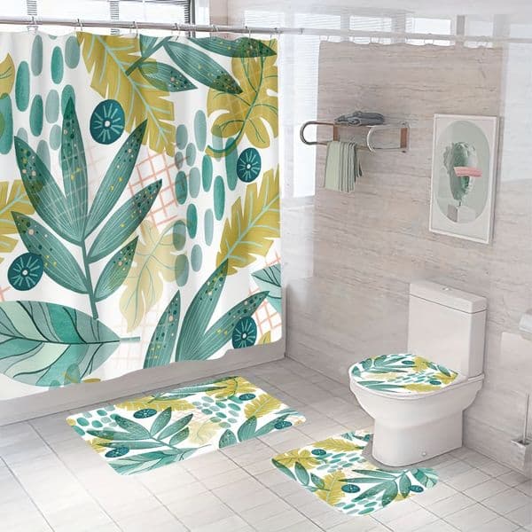 4-Piece Green Plant Leaf Print Shower Curtain Set with Bath Mat, Non-Slip Mat for Home Decoration, Polyester Fabric