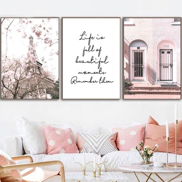 Pink Flower Eiffel Tower City Landscape Painting Wall Art Canvas Painting Nordic Arch Cherry Blossoms Picture for Home Decor