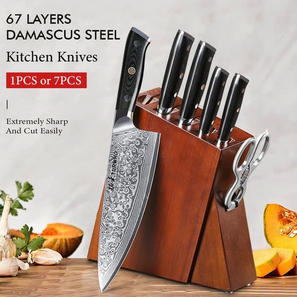 TURWHO Best 1PCS or 7PCS Kitchen Tools , Professional 67 Layer Damascus Steel Set With Excellent Acacia Wood Knife Set Block