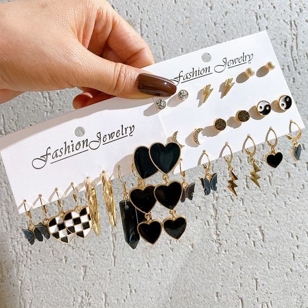 Fashion Black Heart Butterfly Earring Set For Women Y2K Checkerboard Resin Multi-layered Yinyang Heart Dangle Metal Jewelry