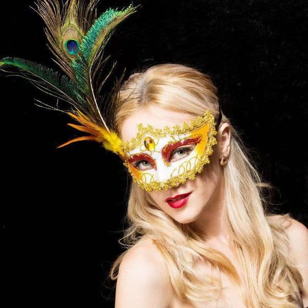 Venetian Masquerade Mask Women Peacock Feather Mask Mardi Gras Mask Fashion Blue Green Metal Shiny Rhinestone Halloween Party