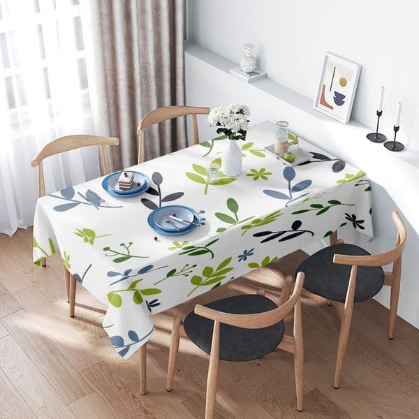 Modern Green Leaf Floral Tablecloth Decor: Elegant Plaid Fabric for Dining Tables in Blue White, Polyester Table Runners with Fl