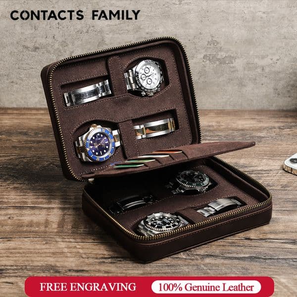Genuine Leather 4 Slot Watch Box Display Case Storage Watch Organizer Zipper Travel Watch Collector Case with Card Holder Pocket