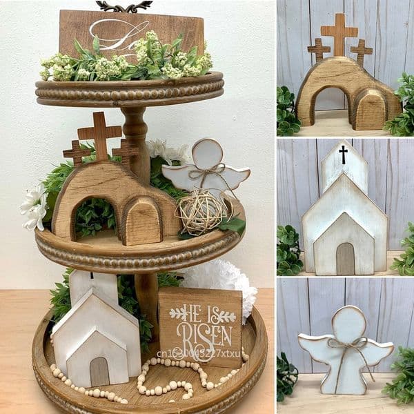 Jesus Tomb Easter Tray Decor Bundle Kit Handcrafted Resurrection Scene Risen Christ Figure Easter Table Ornament for Home Office