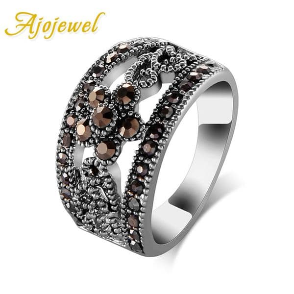 Ajojewel Elegant Black Marcasite Flower Ring Woman Vintage Jewelry