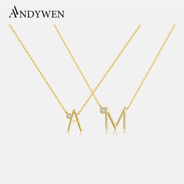 ANDYWEN 925 Sterling Silver Gold Leter A M Mini Sized Initial Necklace A B C Stone Monogram Pendant Jewelry Luxury Gift Women