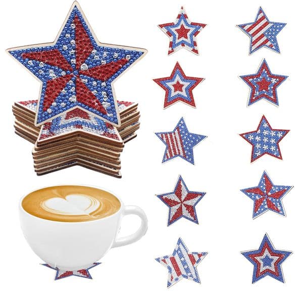 10-piece DIY Star pattern Diamond art painting Coaster without cup holder Wooden coaster Living Room Office Bar Restaurant